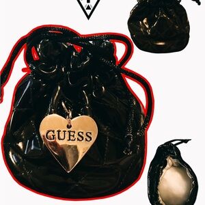 Guess Black Quilted Drawstring Bag with Heart Charm